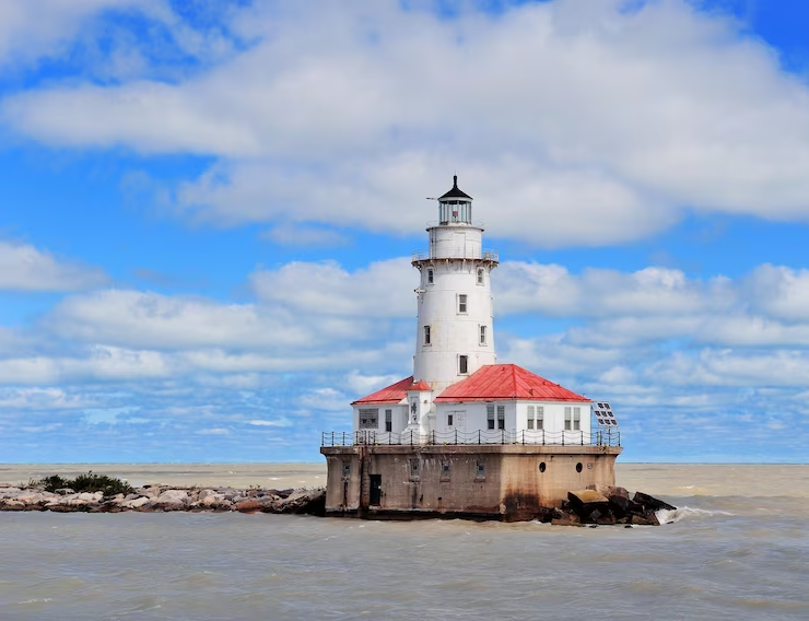 Isolated lighthouse in the middle of a lake