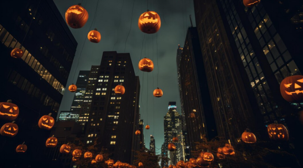 Glowing Halloween pumpkin in city street between the skyscrapers at night